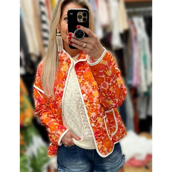 Women's Floral Quilted Jackets Cropped Button Down Padded Puffer Jacket Orange - Picture 5 of 5
